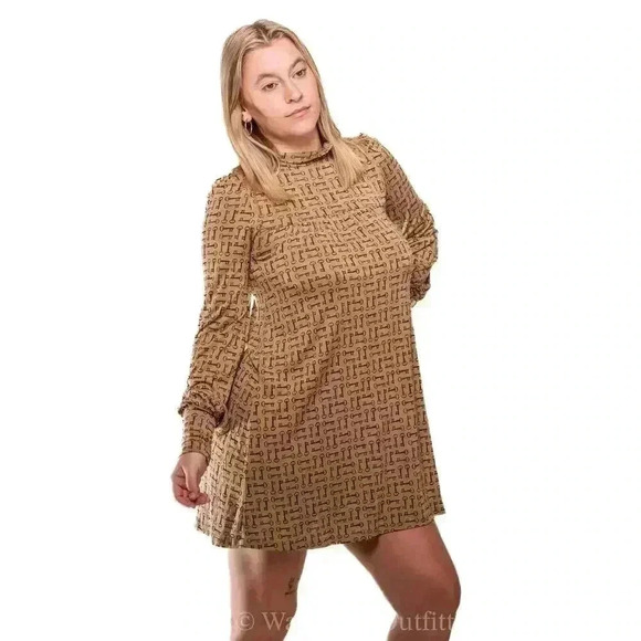 Juicy Couture Brown Silk Key Print Mock Collared Long Sleeve Mini Dress - S - Picture 3 of 9